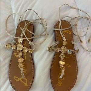 Sam Edelman Tan and Cream Lace-Up Sandals with Gold Coin Details